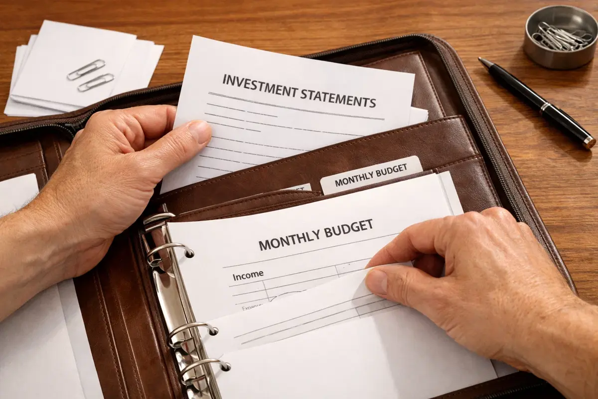 Persona che organizza documenti finanziari in una cartella dedicata