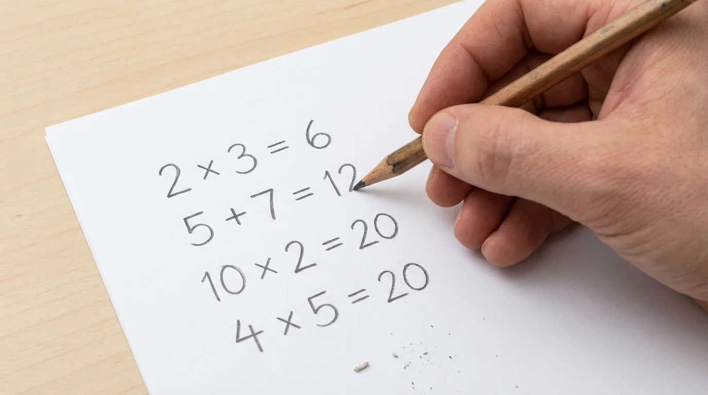 Mano che scrive formule matematiche su un foglio bianco con matita