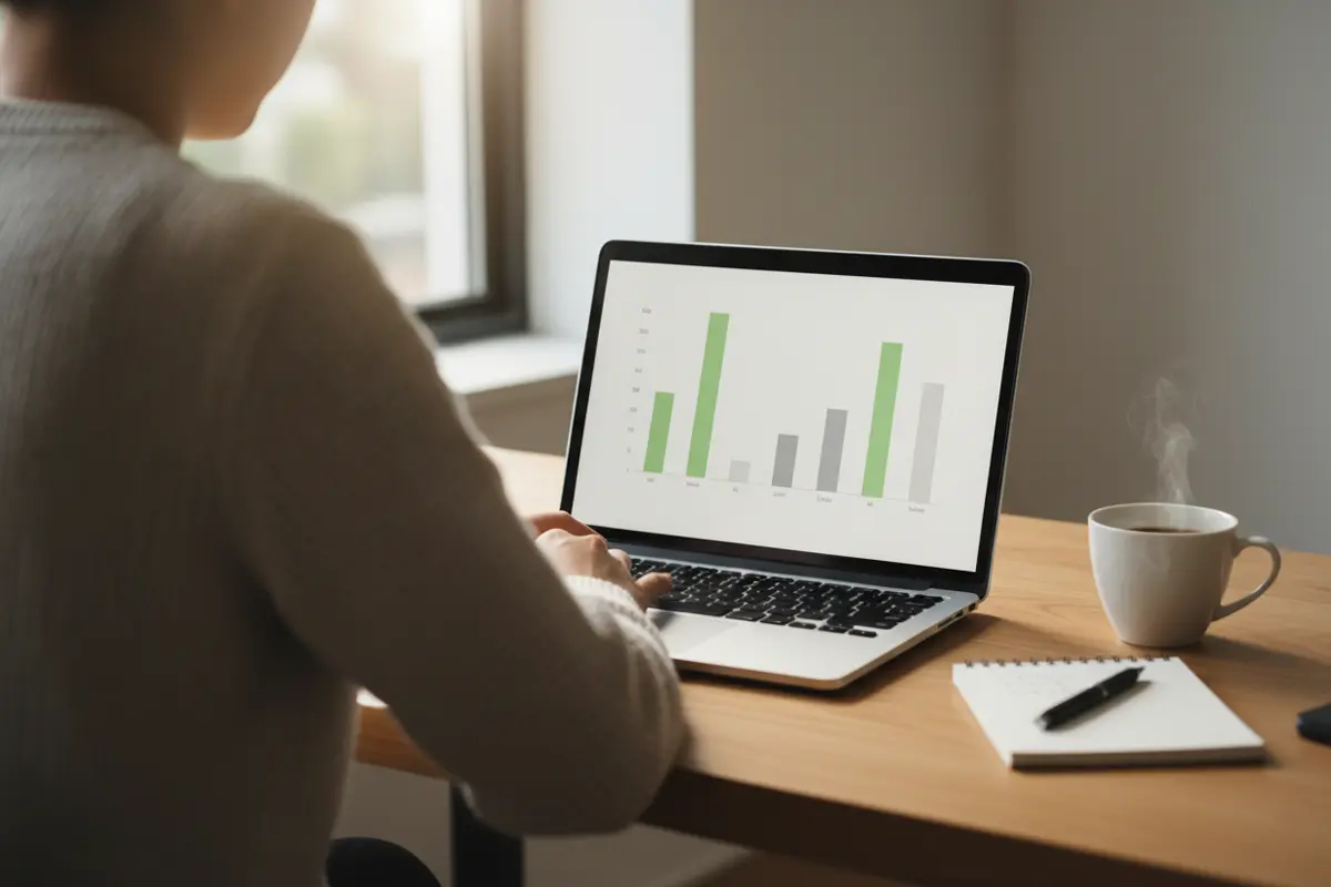 Persona che analizza statistiche di calcio su un laptop con grafici semplici