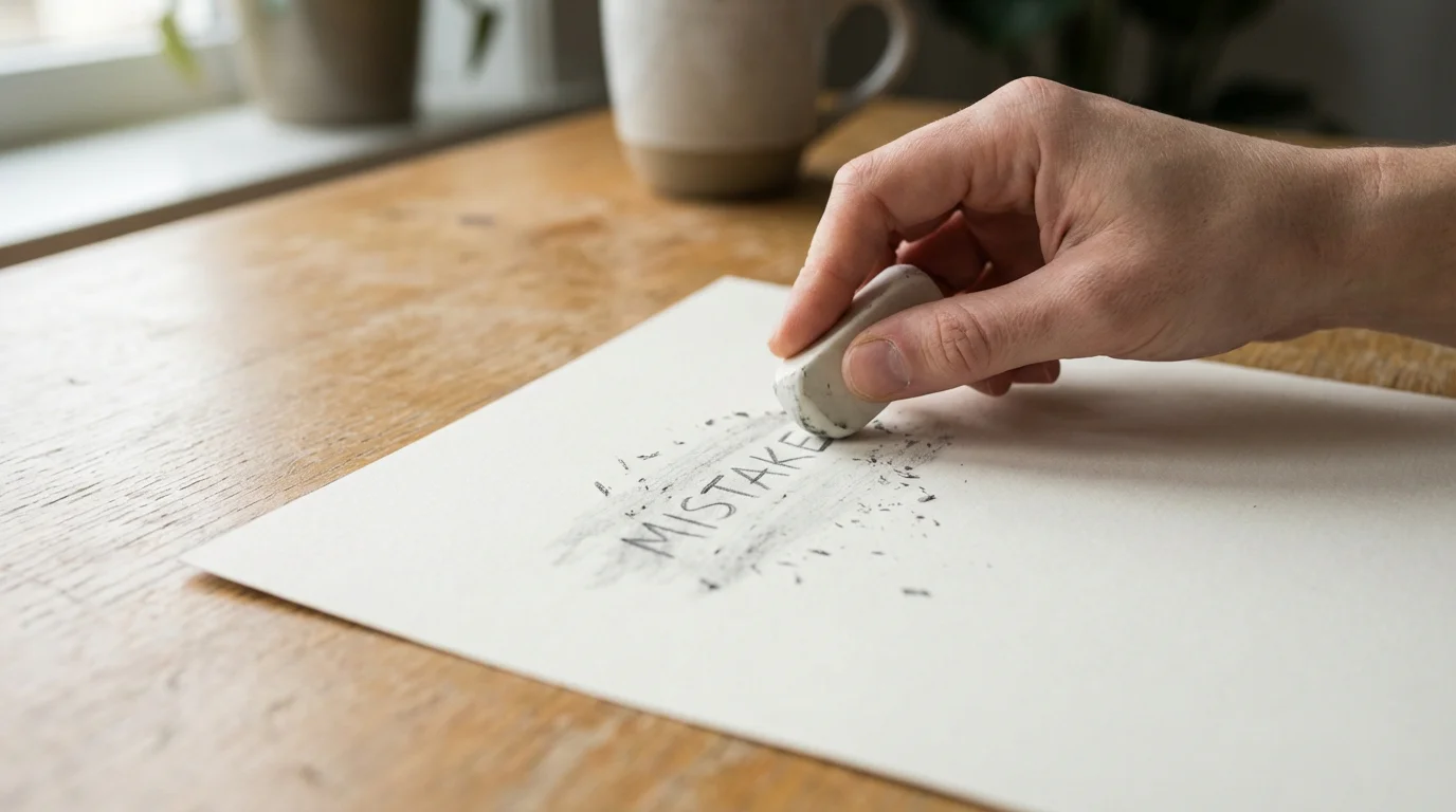 Mano che cancella con una gomma un errore scritto a matita su un foglio bianco con luce naturale morbida