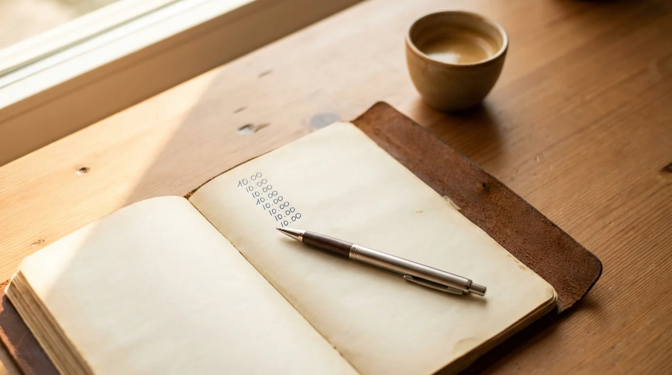 Blocco note con penna su una scrivania in legno con luce naturale morbida