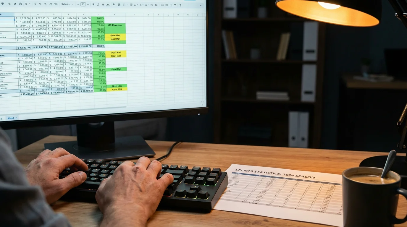 Mani di una persona che lavora su un foglio di calcolo con dati sportivi su schermo di computer