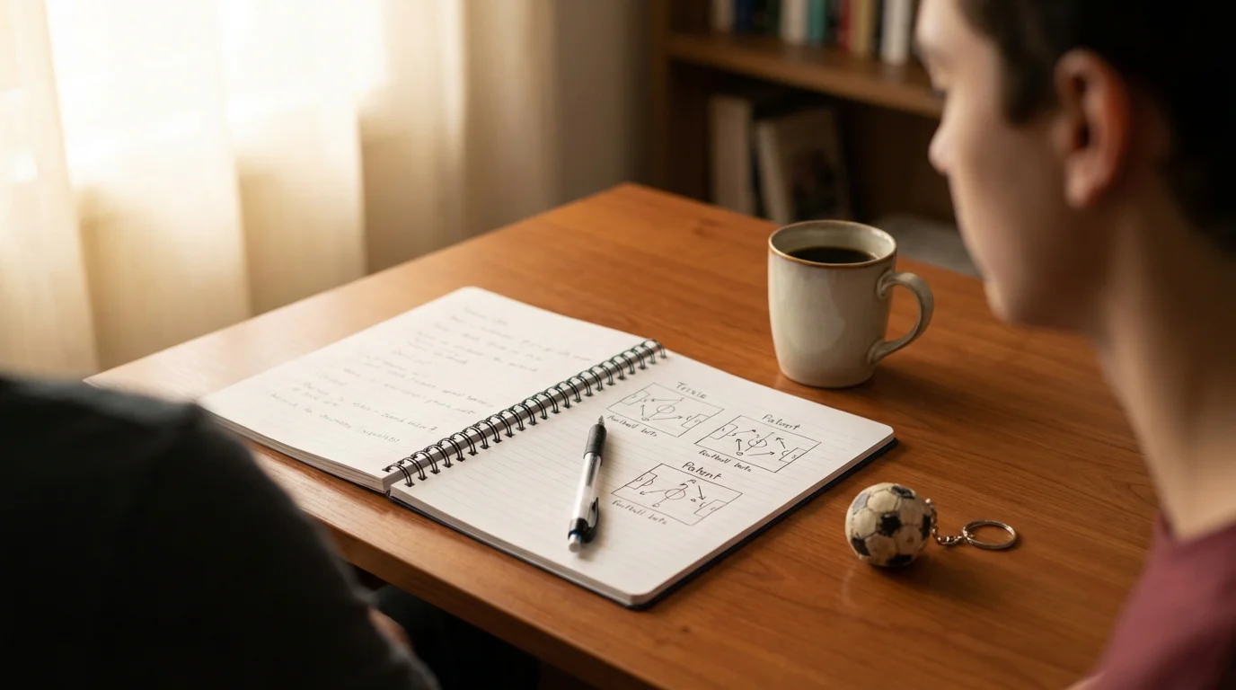 Principiante che studia le basi dei sistemi di scommesse sportive con un quaderno di appunti