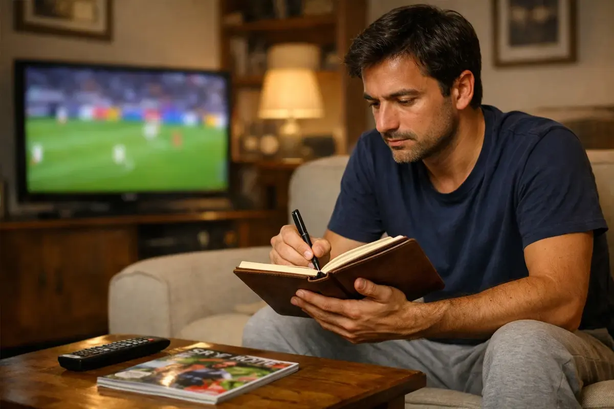 Uomo concentrato che prende appunti mentre guarda una partita di calcio