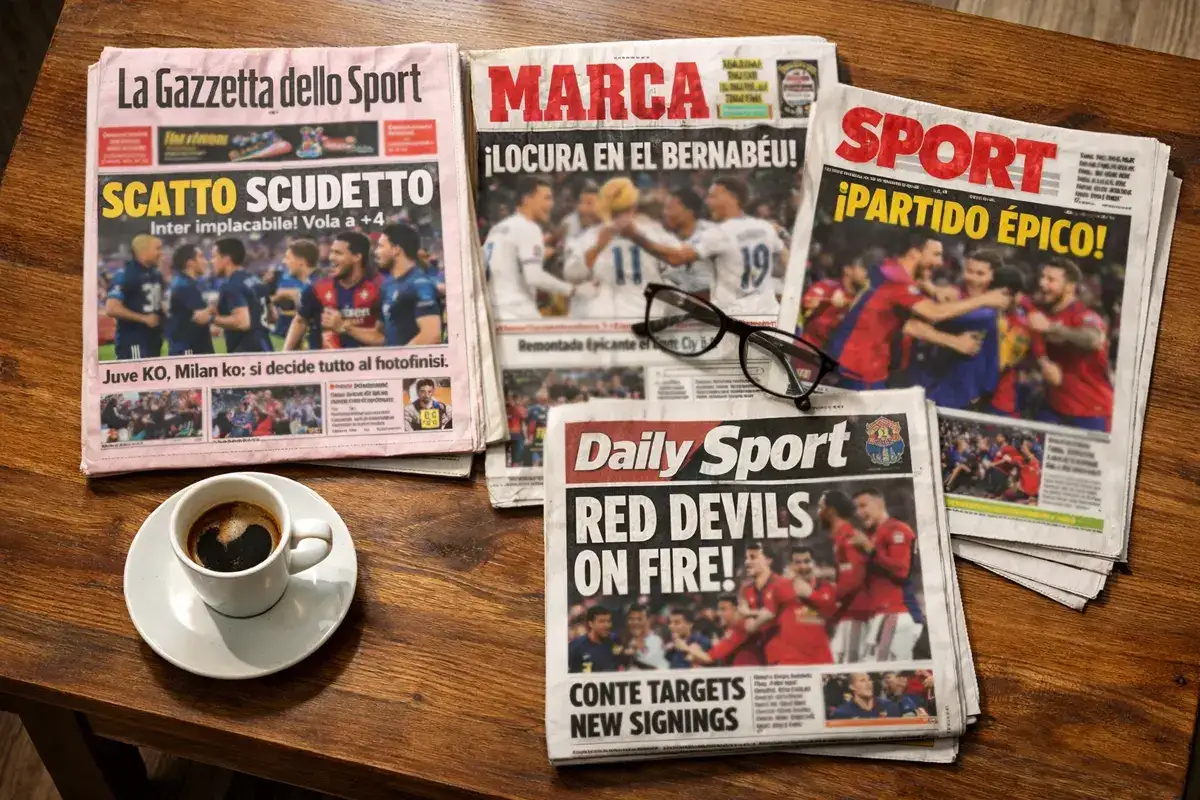 Tavolo con giornali sportivi europei e tazza di caffè