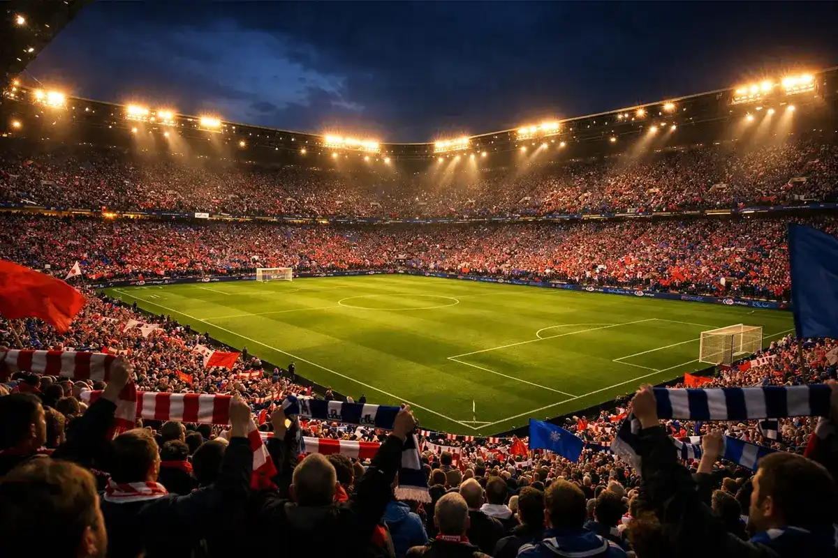 Stadio di calcio europeo con tifosi sugli spalti durante una partita serale