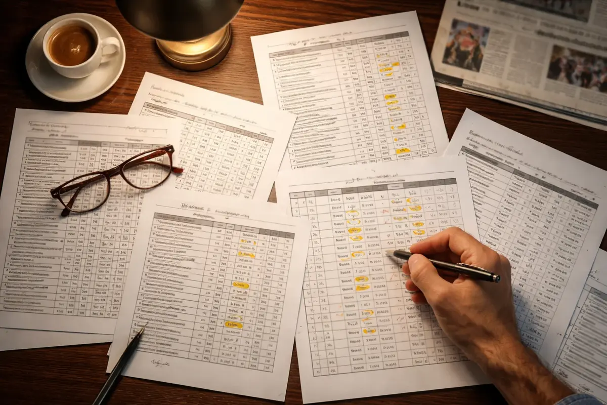 Persona che studia documenti con combinazioni di scommesse su una scrivania