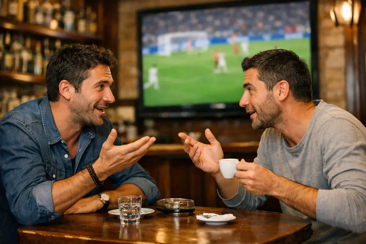 Due amici che discutono davanti a uno schermo con partite di calcio