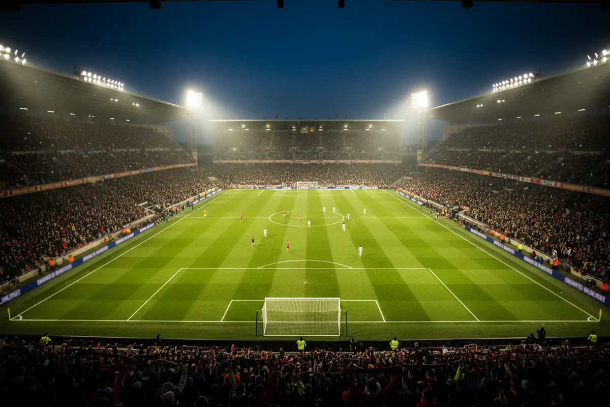 Stadio di calcio illuminato con tifosi sugli spalti durante una partita serale