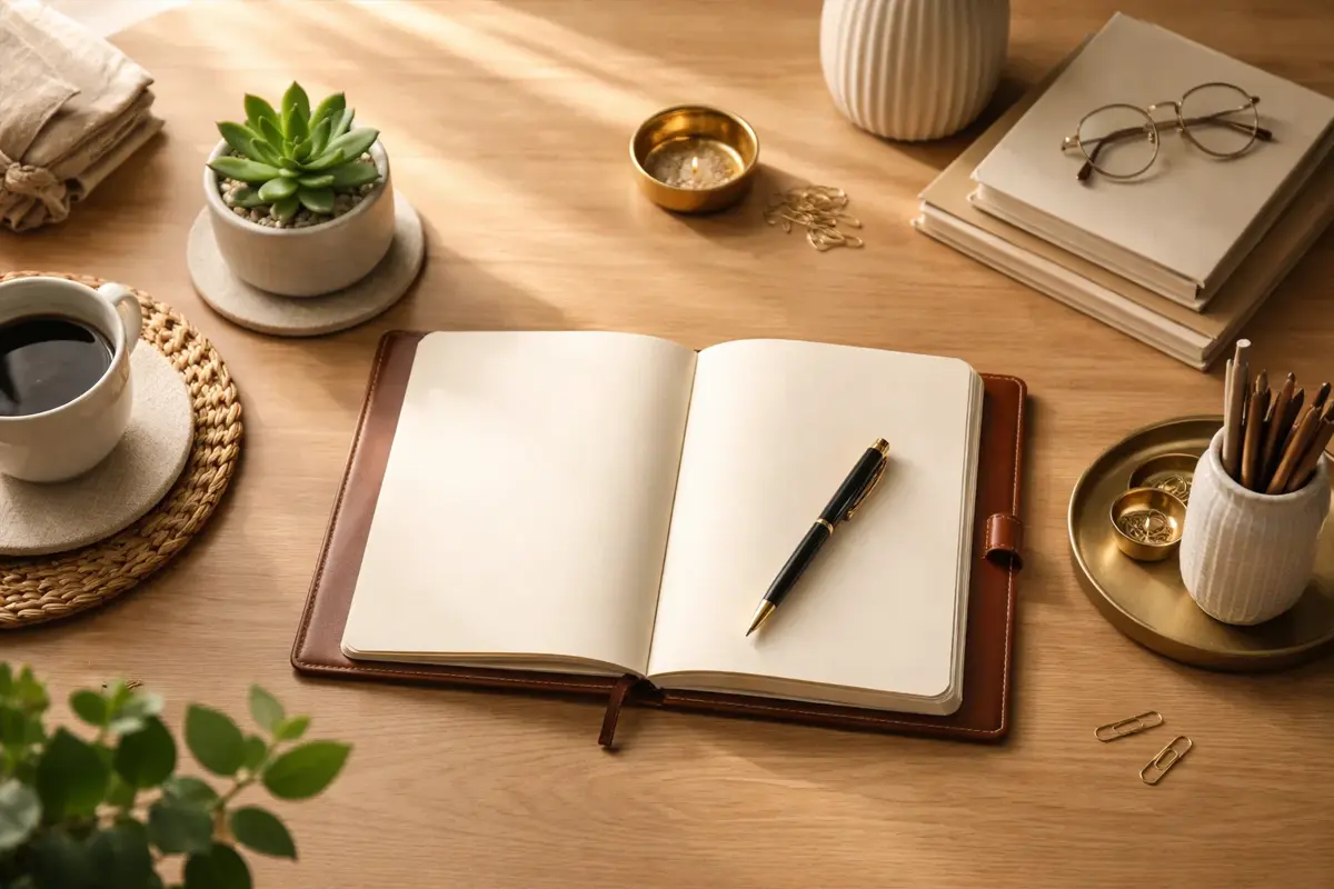 Scrivania ordinata con notebook aperto e penna per pianificazione finanziaria