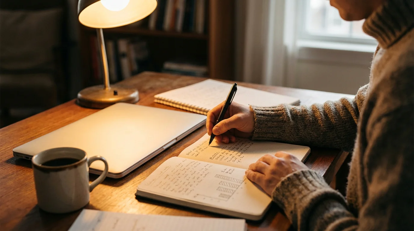 Persona seduta alla scrivania che analizza dati e appunti su un quaderno con penna in mano e luce calda laterale