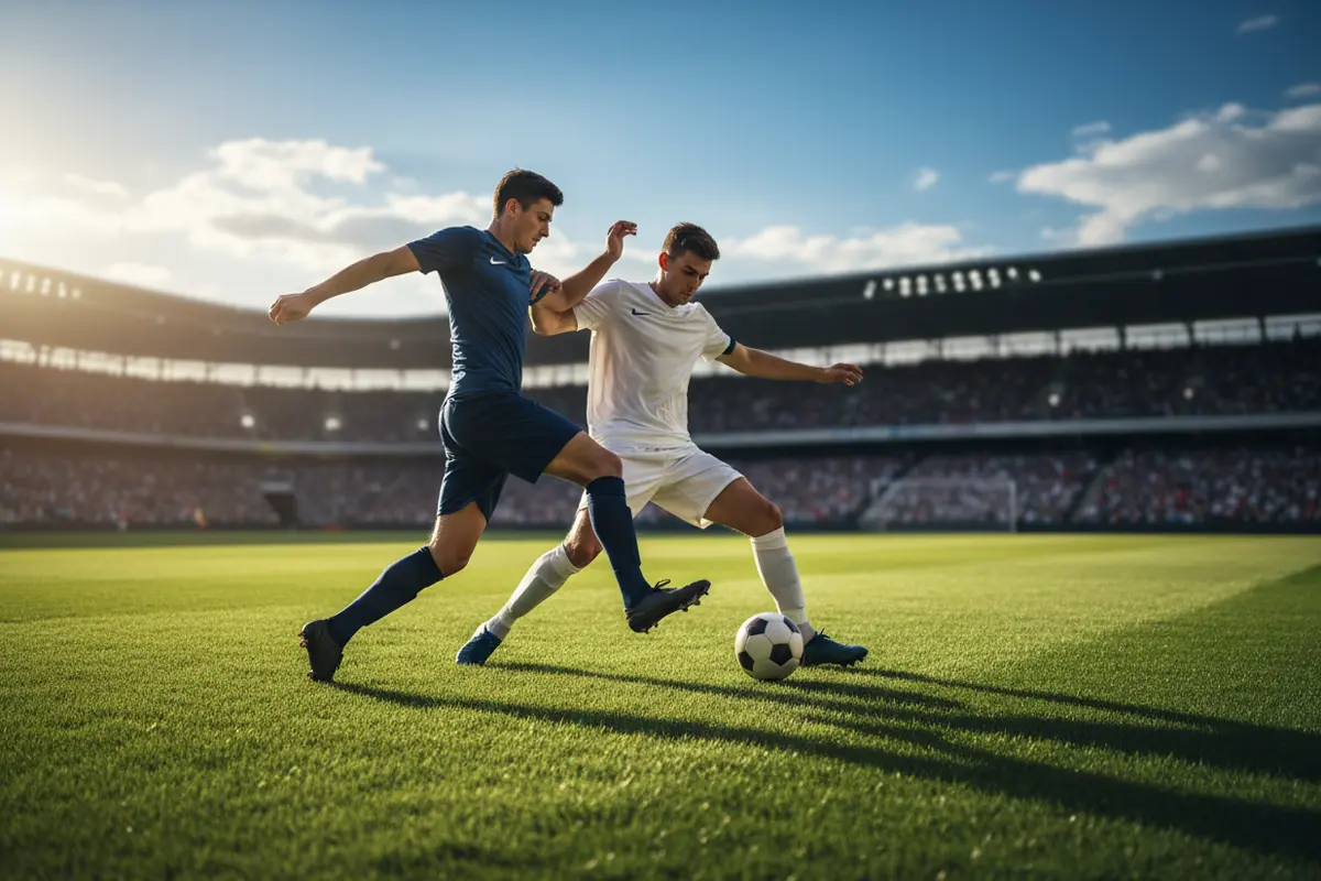 Azione di gioco durante una partita di calcio su campo in erba naturale