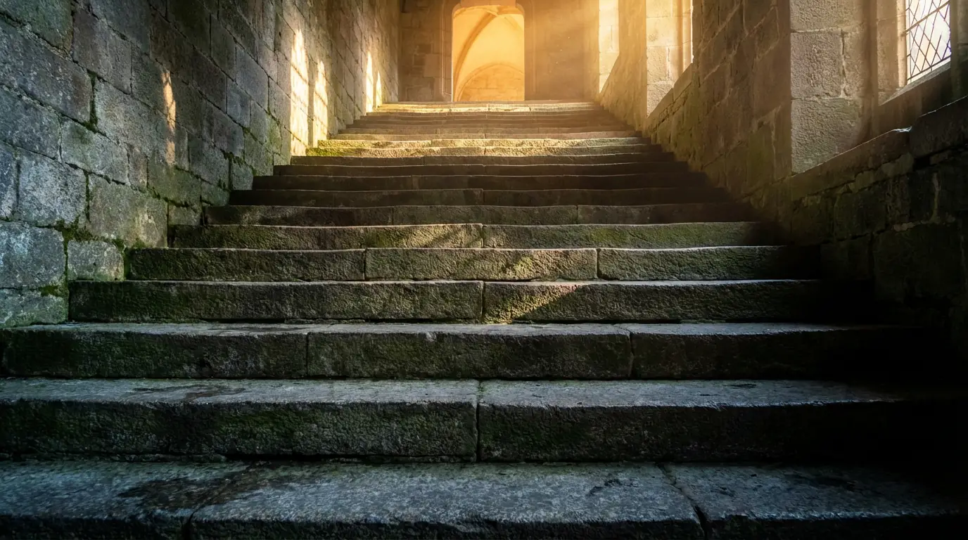 Scalinata in pietra che sale verso la luce con ombre marcate sui gradini