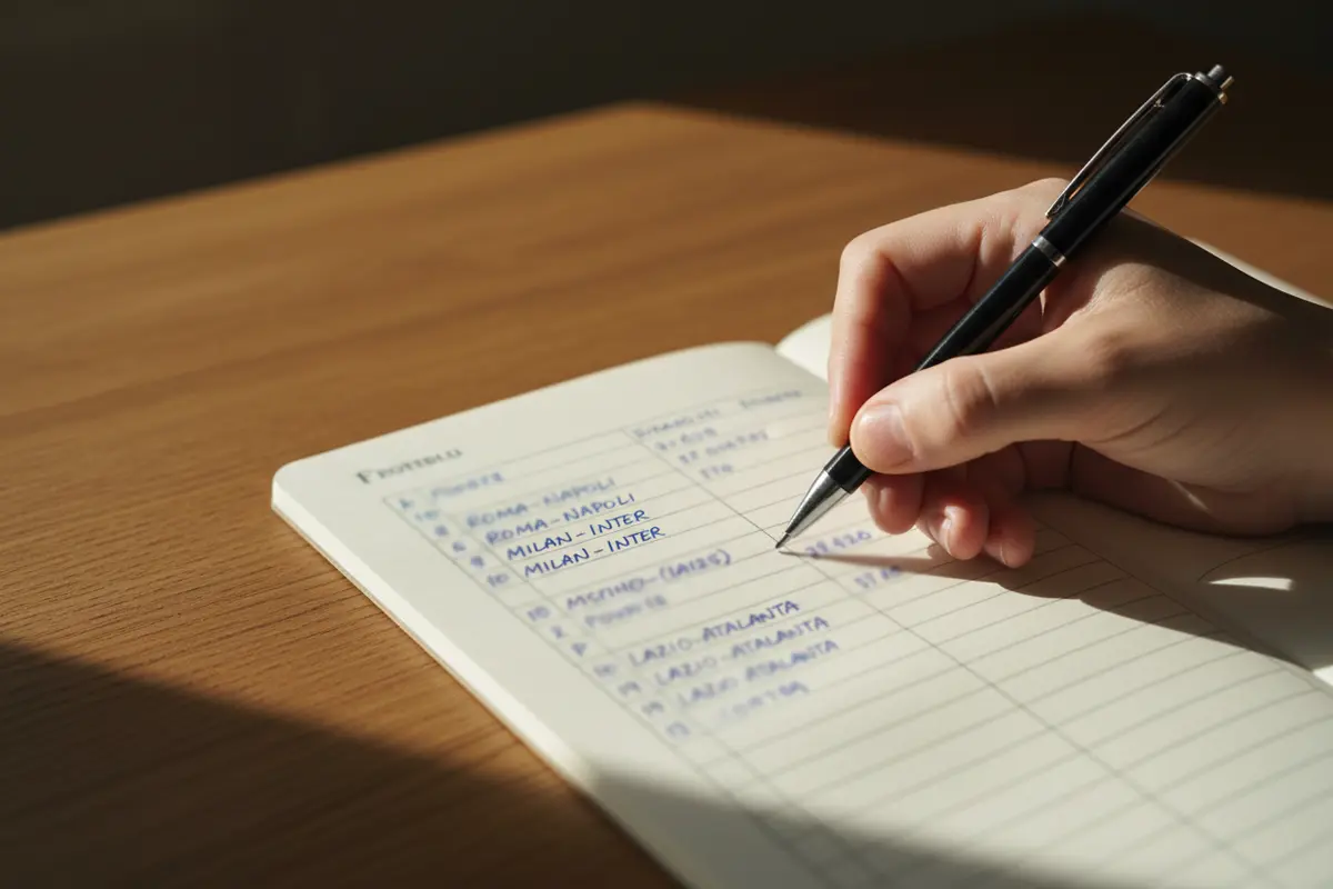 Mano che tiene una penna sopra un foglio con appunti di partite di calcio