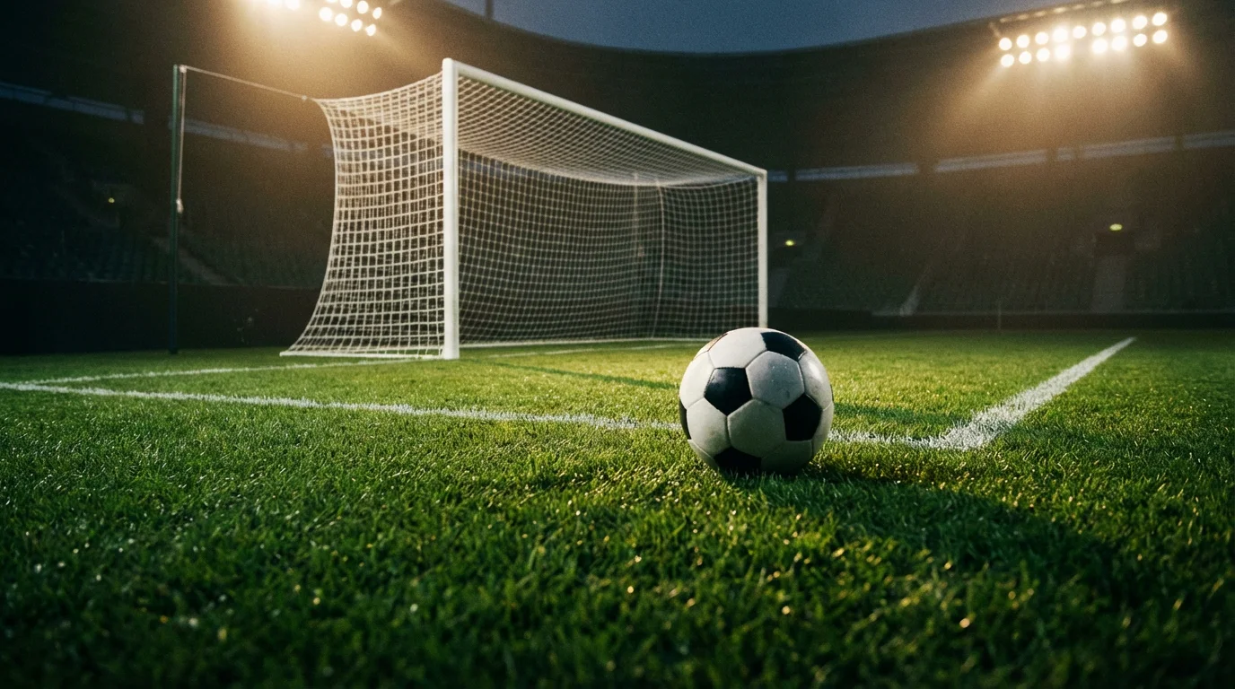 Pallone da calcio che rotola verso la rete di una porta su campo in erba verde sotto i riflettori dello stadio
