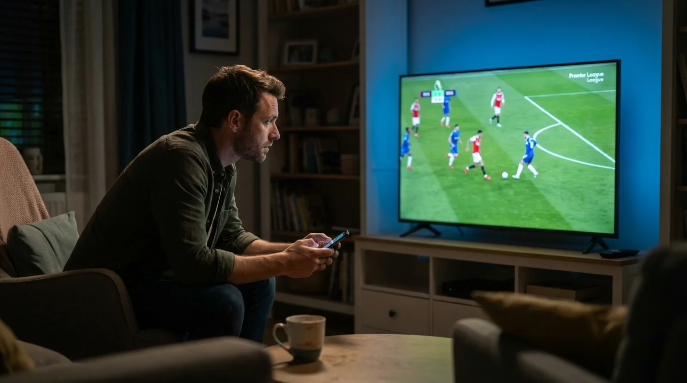 Schermo con partita di calcio in diretta e scommettitore che valuta le opzioni in tempo reale