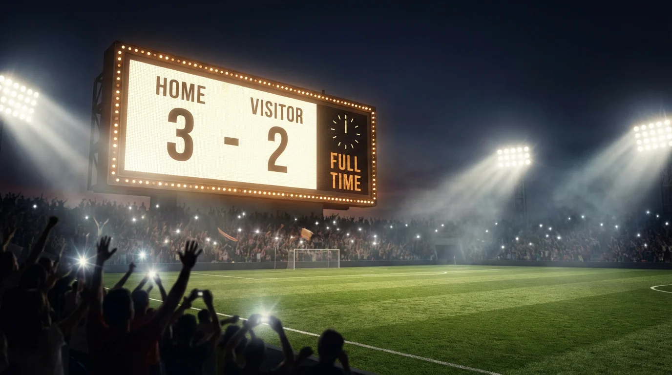 Tabellone segnapunti di uno stadio di calcio illuminato durante una partita serale con gol segnati