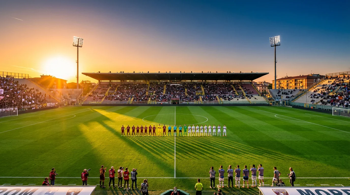 Stadio di calcio italiano con campo in erba verde e spalti durante una partita di Serie A