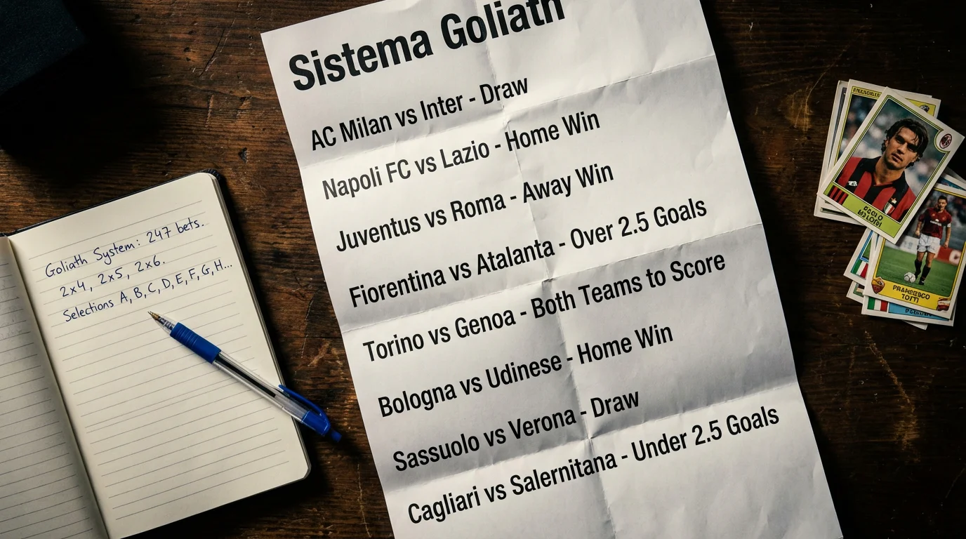 Otto partite di calcio disposte su una schedina per il sistema Goliath