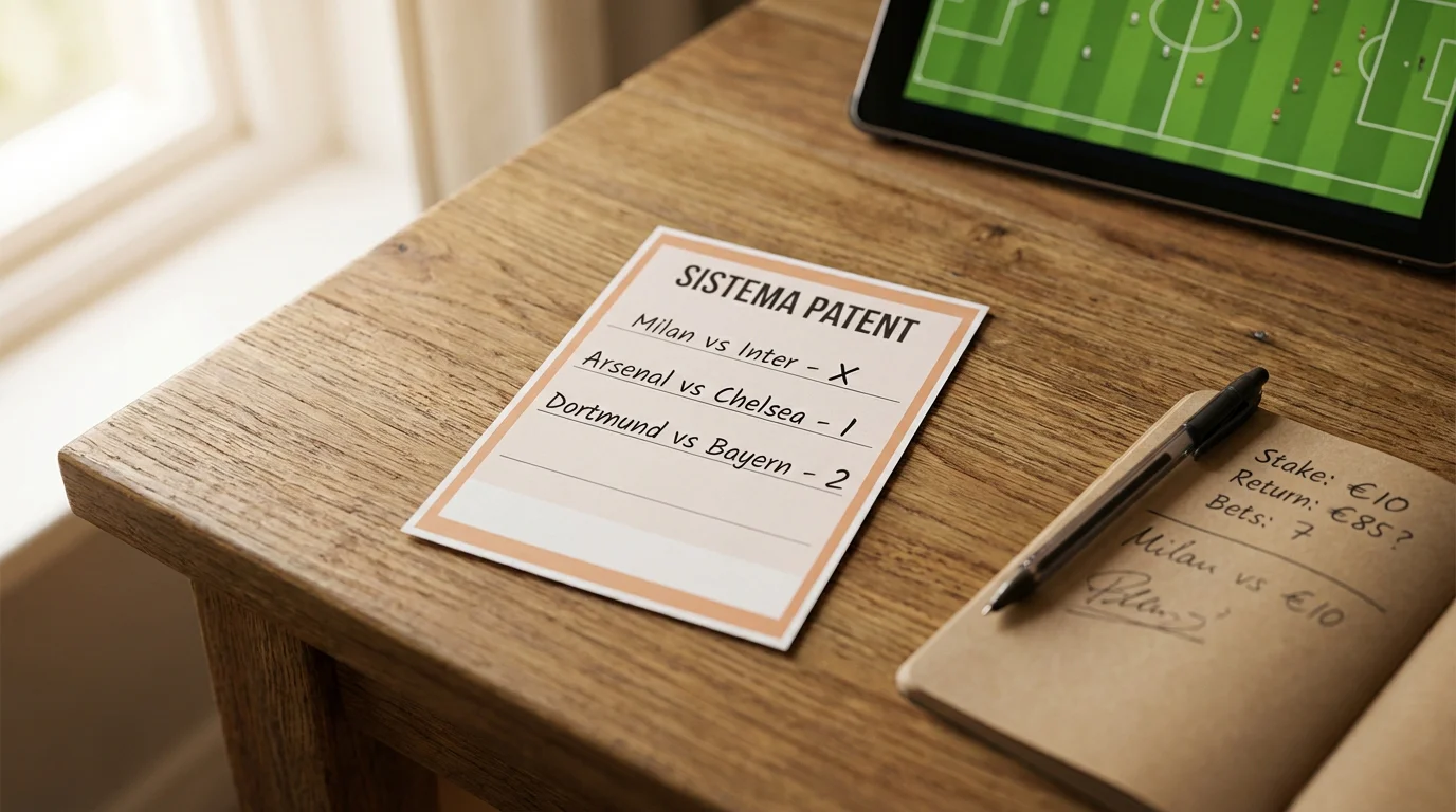 Schedina sportiva con tre partite di calcio selezionate per un sistema Patent