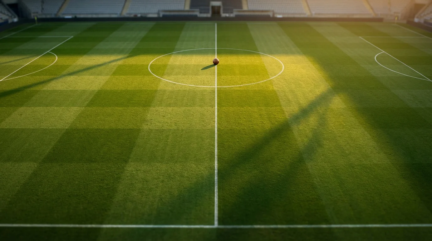 Campo da calcio visto dall'alto con linee di gioco illuminate dalla luce del tramonto