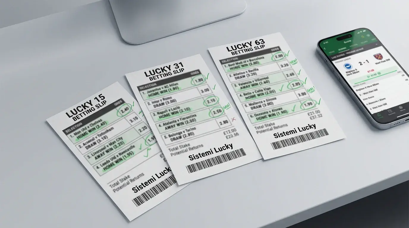 Schedina sportiva con scommesse singole e multiple per un sistema Lucky