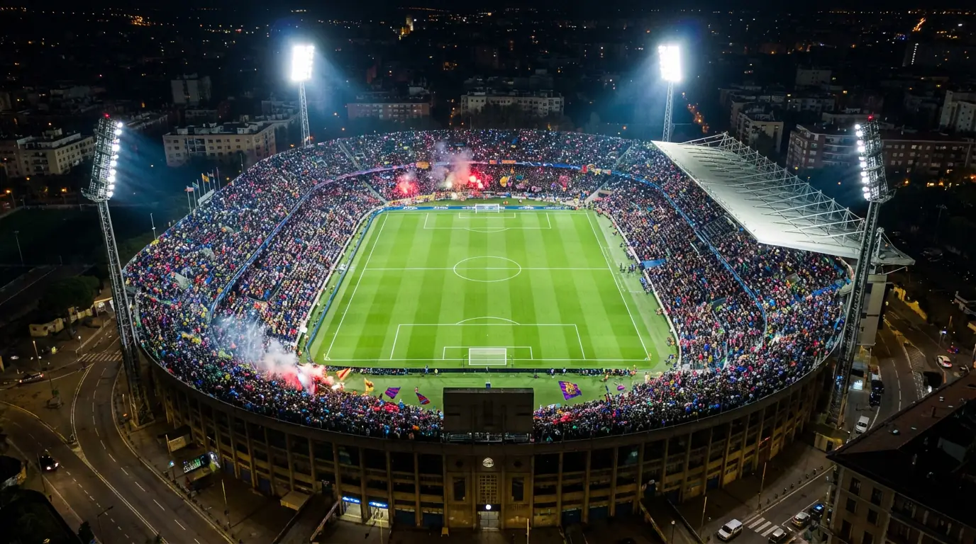 Stadio di calcio europeo illuminato di notte con campo verde visto dall'alto durante una partita serale