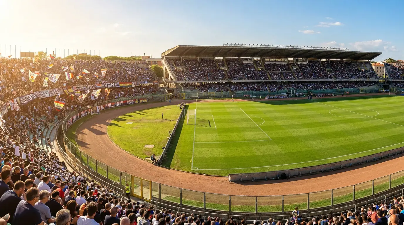 Veduta panoramica di uno stadio italiano di Serie A con tribune gremite e campo da calcio in erba perfetta