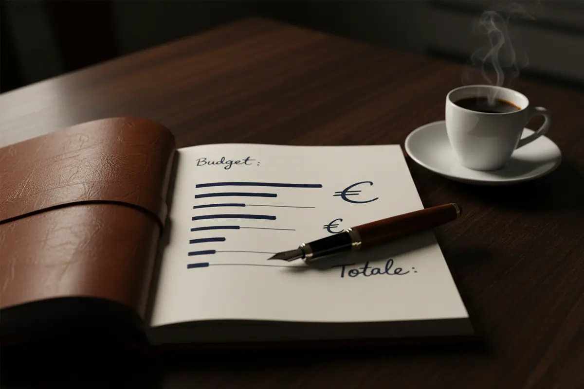 Quaderno aperto con pianificazione finanziaria e simboli € scritti a mano