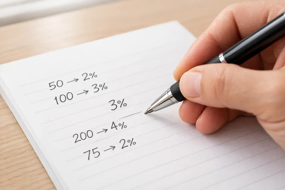 Mano che scrive percentuali e calcoli su un foglio di carta