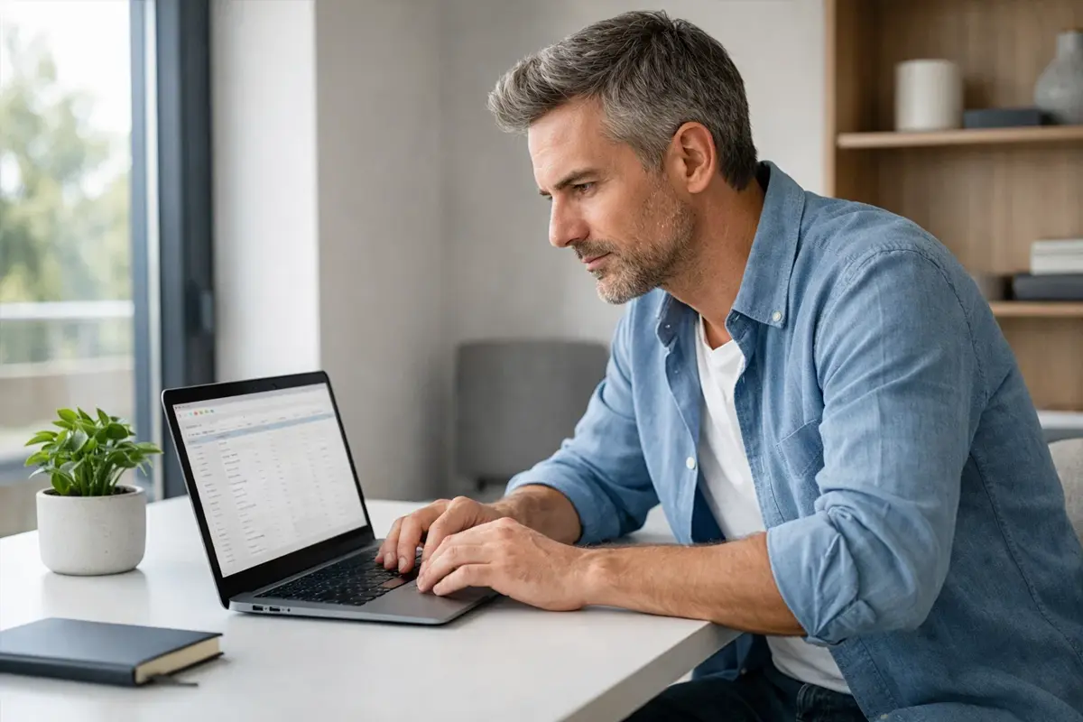 Professionista che analizza dati su un laptop in un ufficio moderno