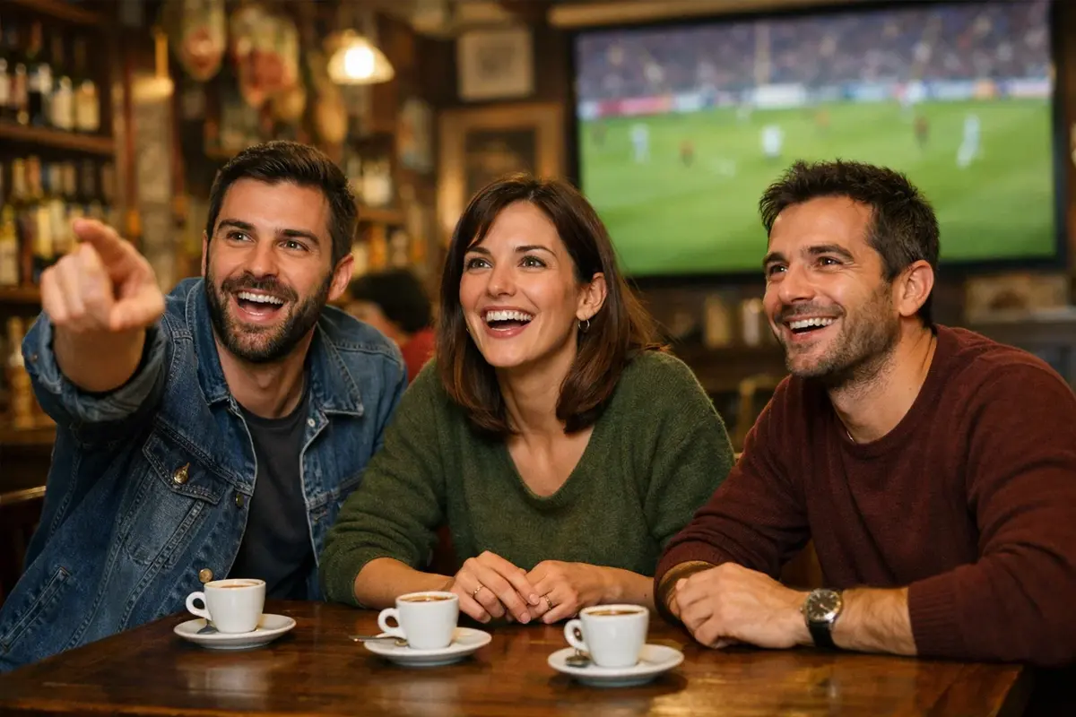 Gruppo di amici che guardano insieme una partita di calcio al bar