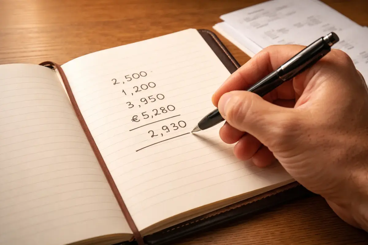 Mano che prende appunti su un blocco note con simboli euro