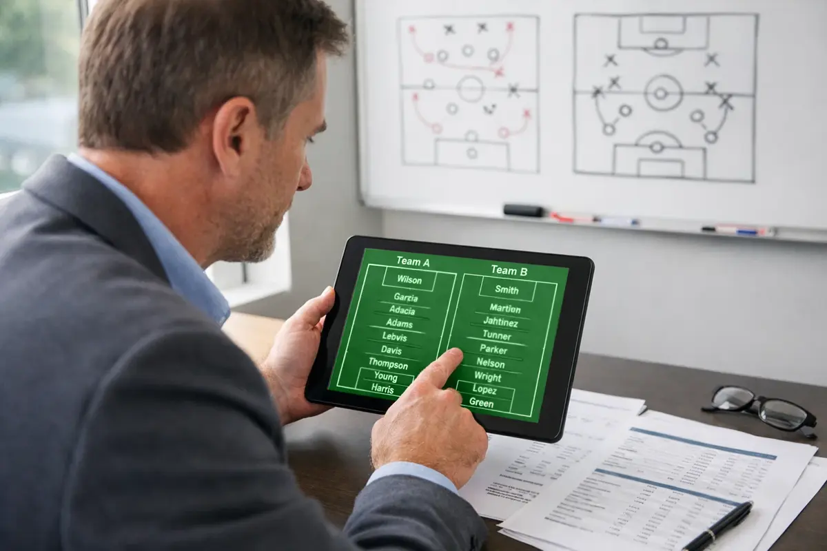 Analista sportivo che studia le formazioni delle squadre prima della partita