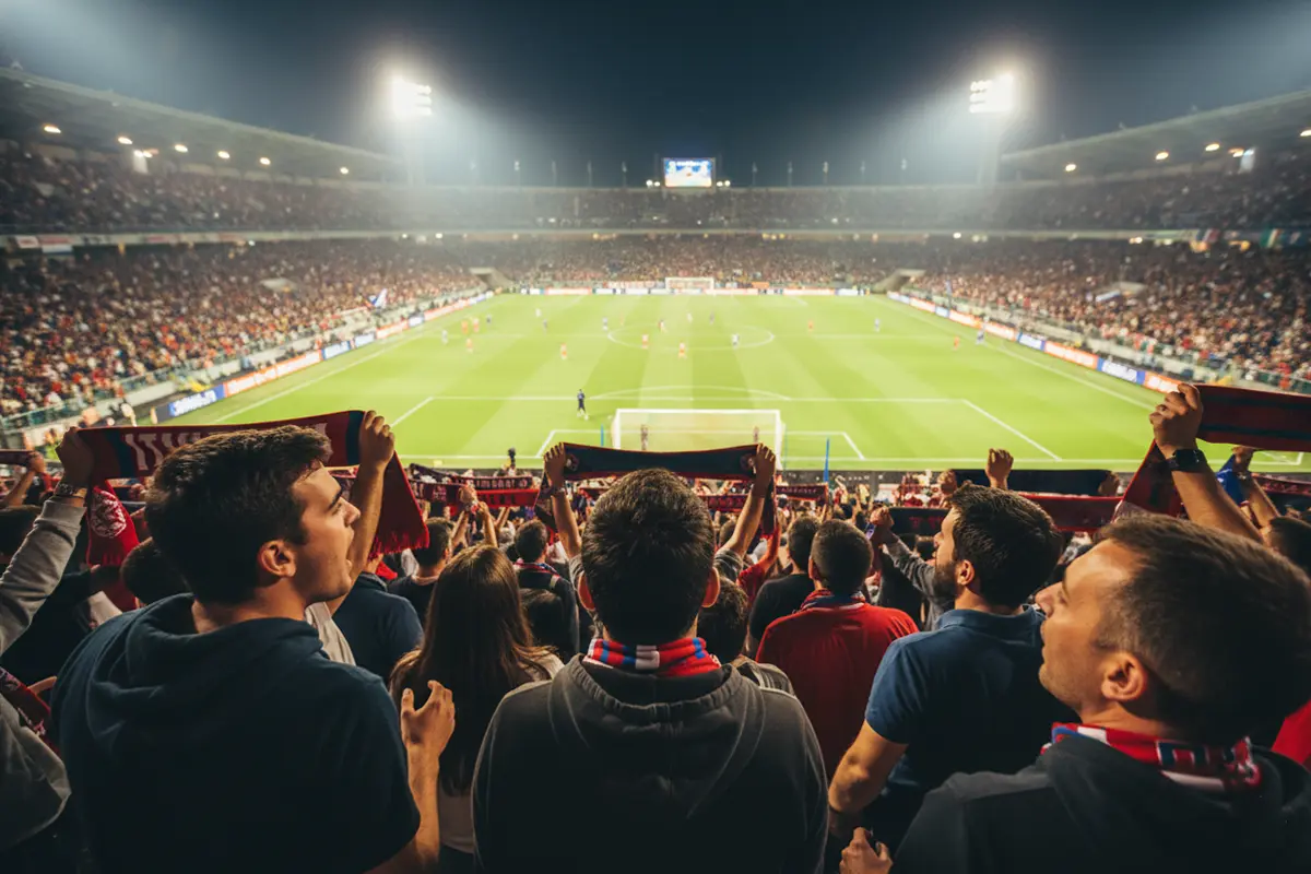 Tifosi allo stadio durante una partita di calcio serale con luci del campo