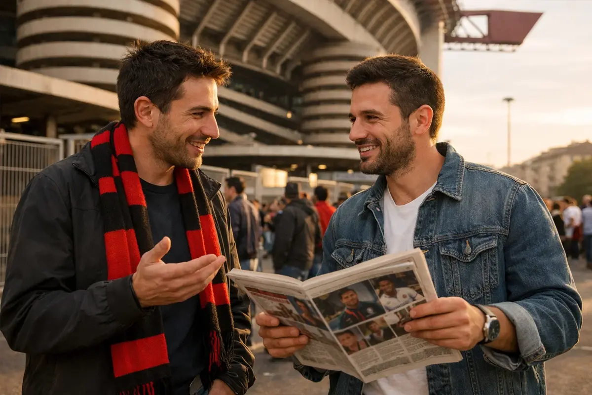 Due tifosi che discutono di strategie di scommesse davanti allo stadio