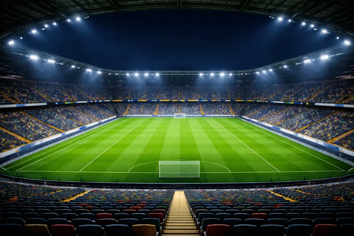 Stadio di calcio illuminato con campo verde visto dalla tribuna