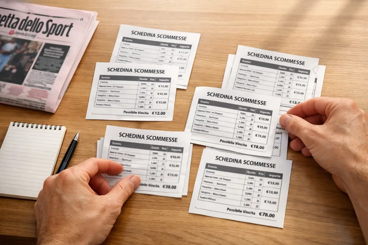Persona che organizza le schedine delle scommesse su una scrivania