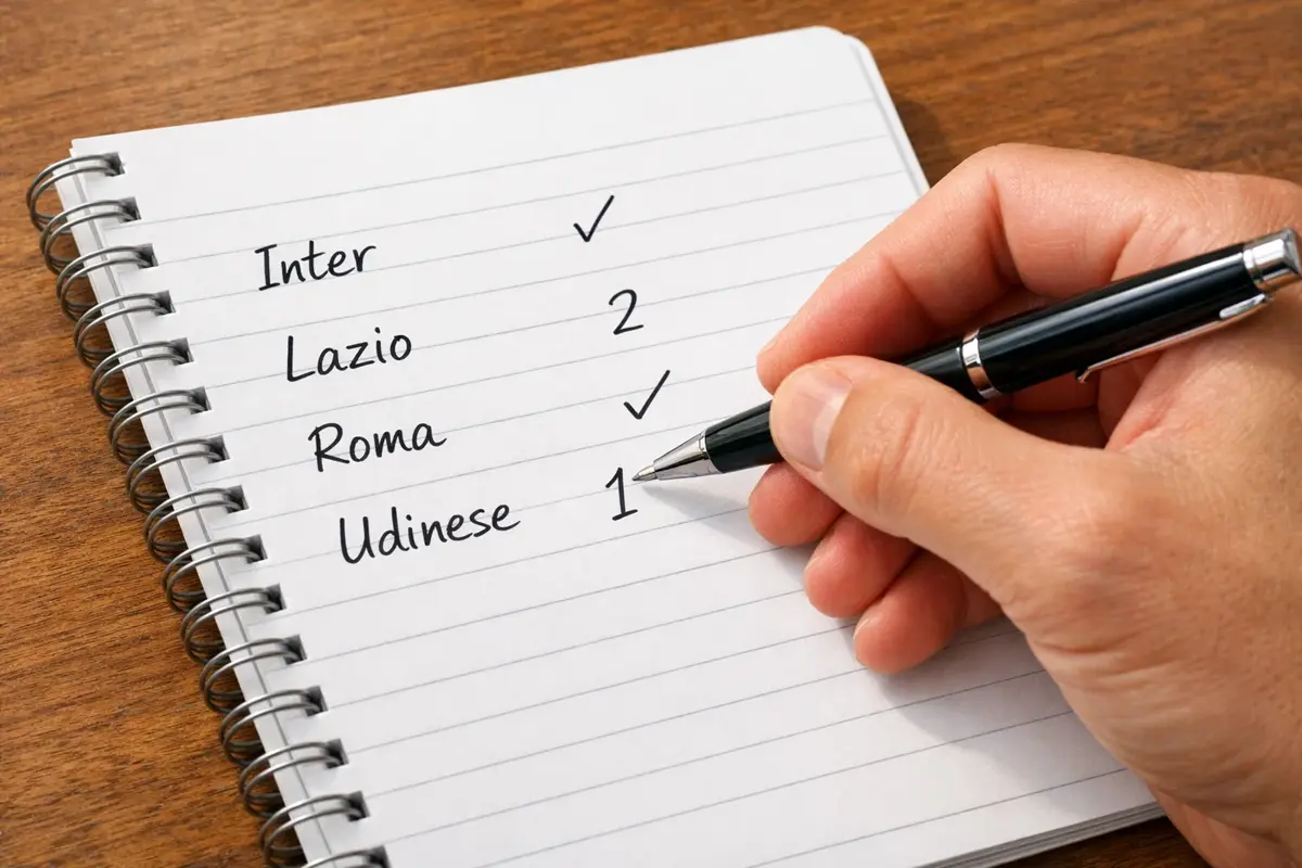 Mano che scrive pronostici delle partite su un quaderno con penna