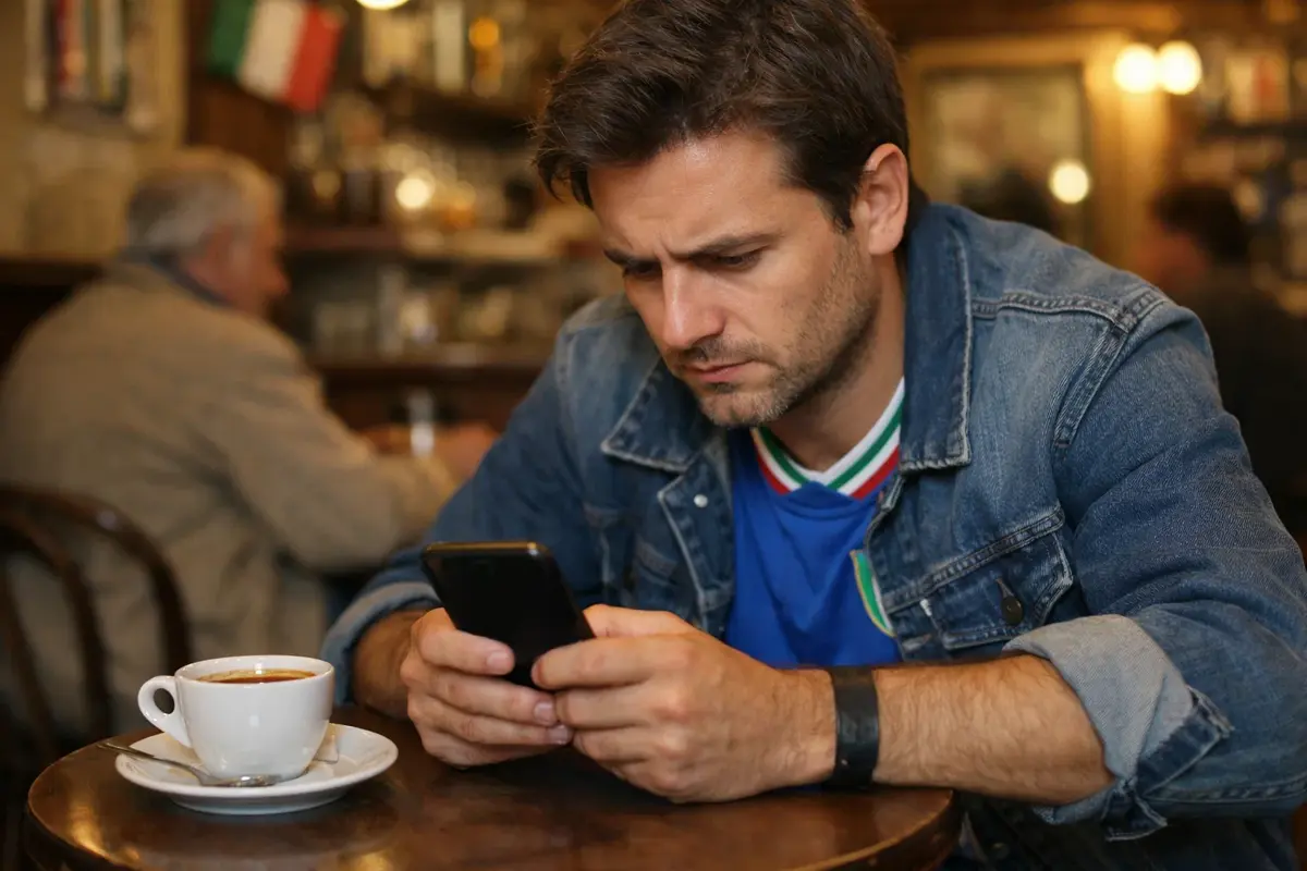 Tifoso concentrato che analizza le statistiche sul telefono prima della partita